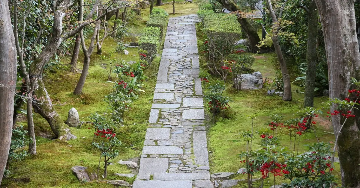 Japanese Garden Paths lined with trees and shrubs