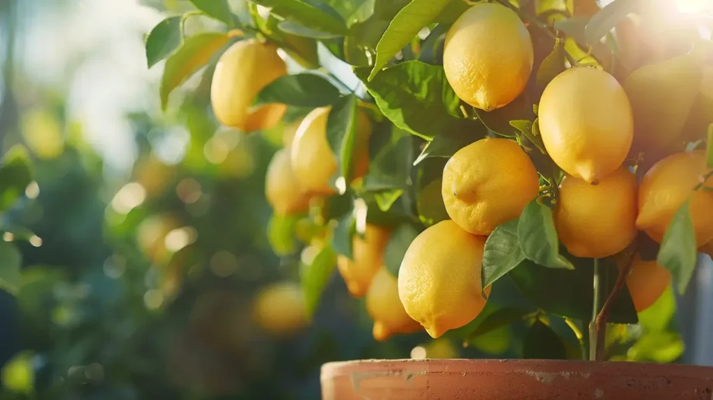 A_vibrant_sunlit_image_of_a_thriving_potted_lemon_tree